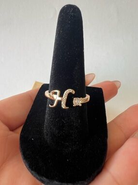 14k Gold Plated Tone Initial H Crystal Accent Open Ring